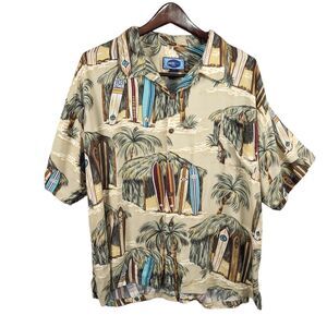 Pacific Blue Hawaiian‎ Mens Shirt XXL Thatch Hut Surf Boards Palm Trees Aloha
